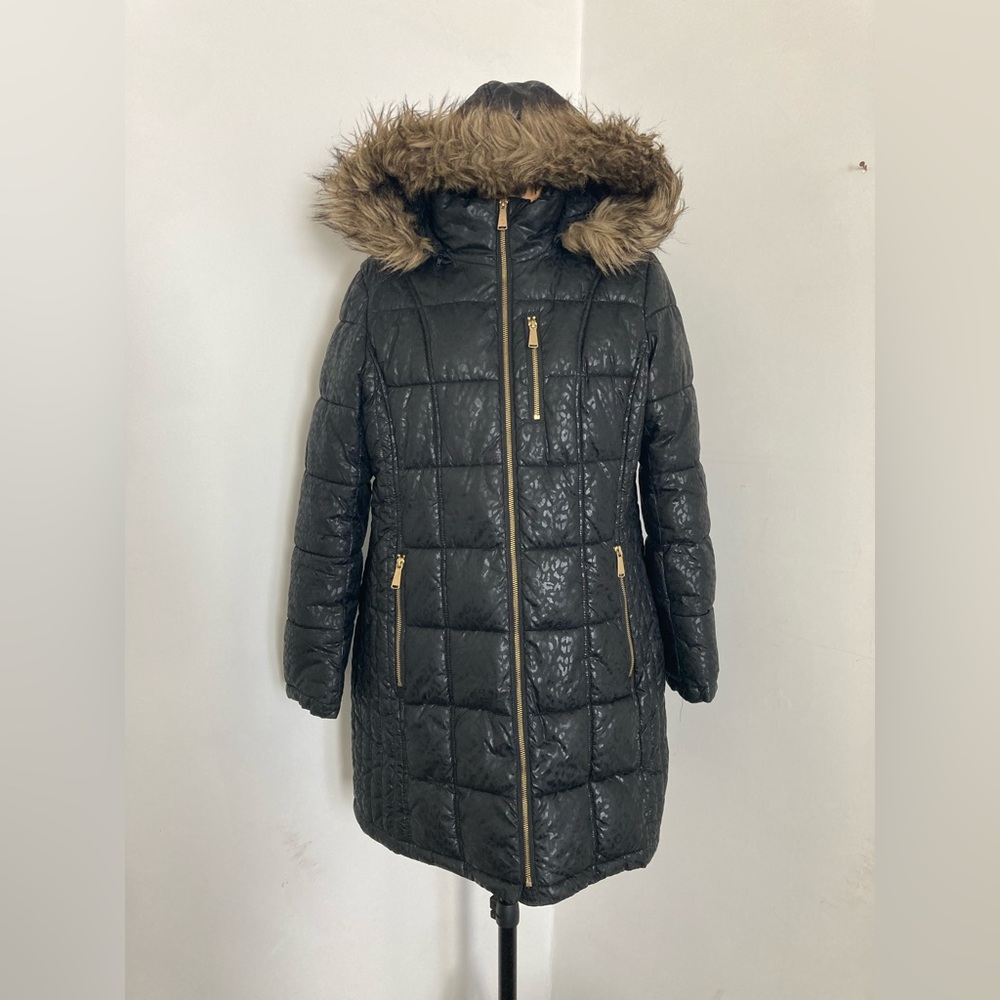 Liz Claiborne Leopard Print Puffer Coat with Fur Hood